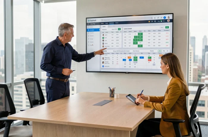 Réunion RH autour d'un tableau de bord numérique de gestion des congés et plannings employés