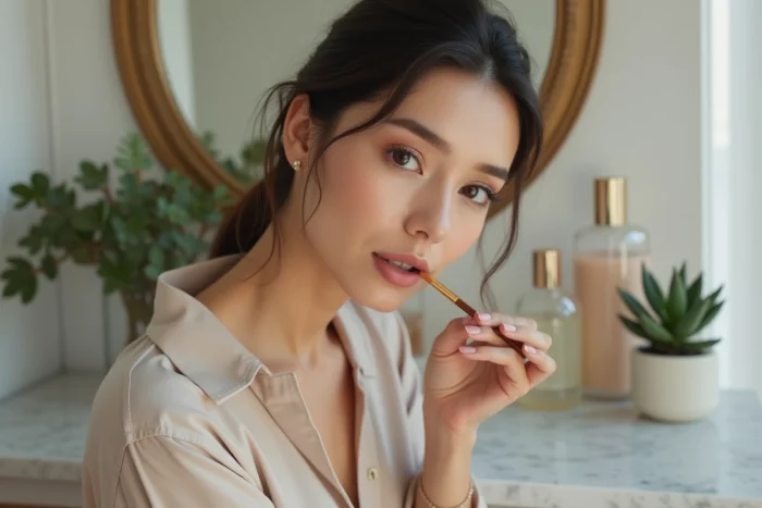 Femme appliquant un rouge à lèvres nude devant un miroir en laiton, routine beauté et maquillage tendance