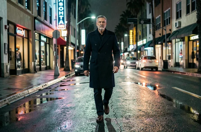 Homme marchant dans une rue mouillée de Los Angeles la nuit avec reflets de néons, atmosphère sombre évoquant Ray Donovan sur Netflix