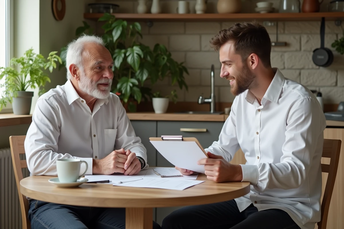 Jeune soignant examinant un document salarial dans une cuisine lumineuse