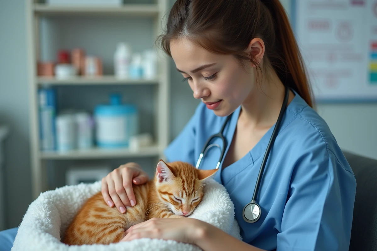 Infirmière vétérinaire caressant un chaton orange dans une salle