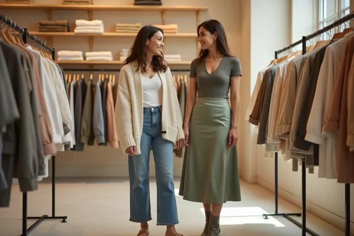 Deux femmes élégantes en tenue tendance choisissant des vêtements dans une boutique concept store moderne, mode féminine saison automne
