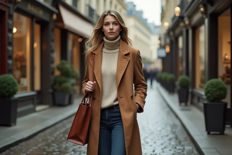 Jeune femme élégante en manteau camel marchant dans une rue pavée parisienne, tendances mode automne-hiver