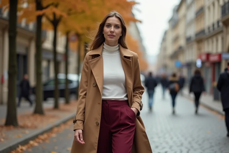 Femme élégante en trench camel et pantalon bordeaux marchant dans une rue pavée parisienne en automne, look mode tendance saison