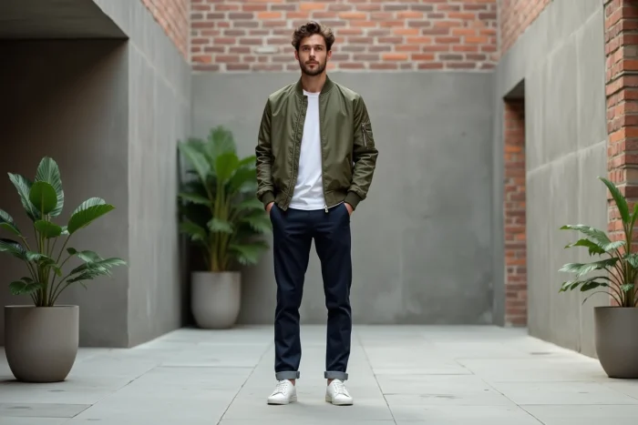 Homme jeune en bomber vert olive et chino marine posant dans une cour urbaine minimaliste, style mode masculin tendance automne-hiver